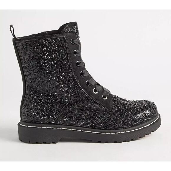 Torrid 9WW Black Embellished Rhinestone Sparkle Combat Boots Booties Punk New - Picture 3 of 4